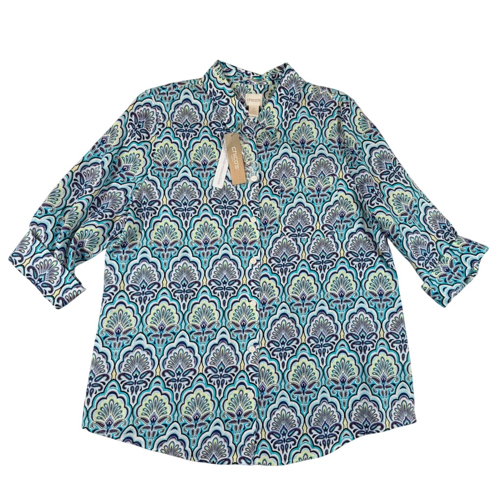 Chicos No Iron Linen Scallops Shirt 3/4 Sleeve Cool Multi Blue Purple 2 Lg